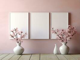 3D empty wall and wooden floor with frameless white posters mockup for art pictures and a side potted flowers AI Generative photo