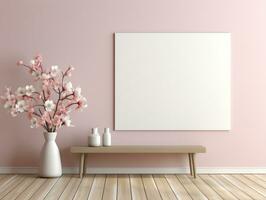 3D empty wall and wooden floor with frameless white posters mockup for art pictures and a side potted flowers AI Generative photo