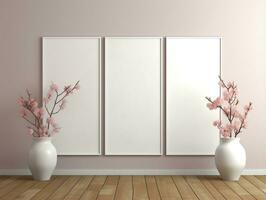 3D empty wall and wooden floor with frameless white posters mockup for art pictures and a side potted flowers AI Generative photo