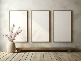 3D empty wall and wooden floor with frameless white posters mockup for art pictures and a side potted flowers AI Generative photo