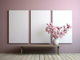 3D empty wall and wooden floor with frameless white posters mockup for art pictures and a side potted flowers AI Generative photo