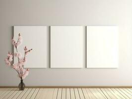 3D empty wall and wooden floor with frameless white posters mockup for art pictures and a side potted flowers AI Generative photo