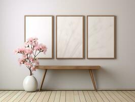 3D empty wall and wooden floor with frameless white posters mockup for art pictures and a side potted flowers AI Generative photo