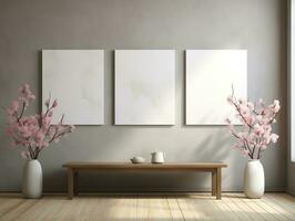 3D empty wall and wooden floor with frameless white posters mockup for art pictures and a side potted flowers AI Generative photo