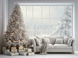 Navidad árbol en un blanco habitación con blanco sofá ai generativo foto