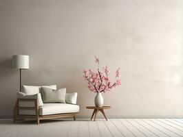 3D empty wall and wooden floor with frameless white posters mockup for art pictures and a side potted flowers AI Generative photo