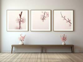 3D empty wall and wooden floor with frameless white posters mockup for art pictures and a side potted flowers AI Generative photo