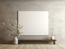 3D empty wall and wooden floor with frameless white posters mockup for art pictures and a side potted flowers AI Generative photo