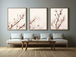 3D empty wall and wooden floor with frameless white posters mockup for art pictures and a side potted flowers AI Generative photo