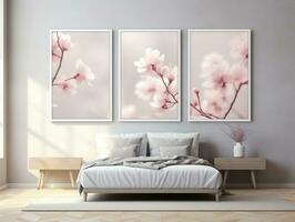 3D empty wall and wooden floor with frameless white posters mockup for art pictures and a side potted flowers AI Generative photo