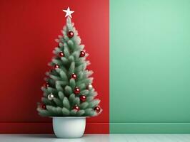 Red and white Christmas tree against a light green wall AI Generative photo