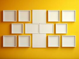 Set of blank white frames mockup displayed on a yellow wall AI Generative photo