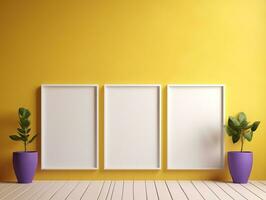 Set of blank white frames mockup displayed on a yellow wall AI Generative photo