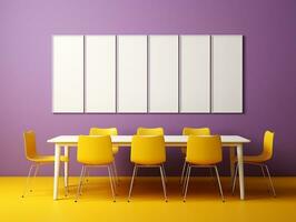 Set of blank white frames mockup displayed on a yellow wall AI Generative photo