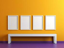 Set of blank white frames mockup displayed on a yellow wall AI Generative photo