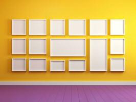 Set of blank white frames mockup displayed on a yellow wall AI Generative photo