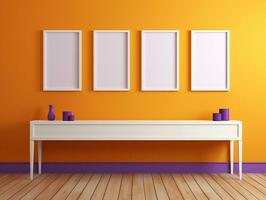 Set of blank white frames mockup displayed on a yellow wall AI Generative photo