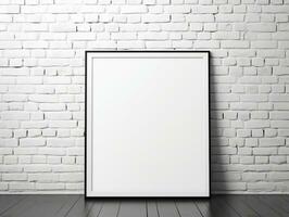 White modern brick wall with a blank photo frame mockup AI Generative