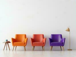 Modern colorful chairs sitting against a white wall AI Generative photo