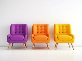 Modern colorful chairs sitting against a white wall AI Generative photo