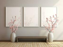 3D empty wall and wooden floor with frameless white posters mockup for art pictures and a side potted flowers AI Generative photo