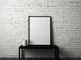 White modern brick wall with a blank photo frame mockup AI Generative