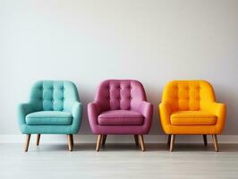 Modern colorful chairs sitting against a white wall AI Generative photo