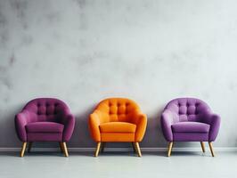 Modern colorful chairs sitting against a white wall AI Generative photo