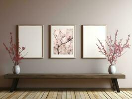 3D empty wall and wooden floor with frameless white posters mockup for art pictures and a side potted flowers AI Generative photo