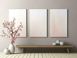 3D empty wall and wooden floor with frameless white posters mockup for art pictures and a side potted flowers AI Generative photo