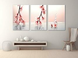 3D empty wall and wooden floor with frameless white posters mockup for art pictures and a side potted flowers AI Generative photo