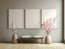3D empty wall and wooden floor with frameless white posters mockup for art pictures and a side potted flowers AI Generative photo