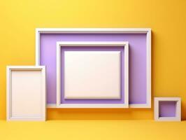 Set of blank white frames mockup displayed on a yellow wall AI Generative photo