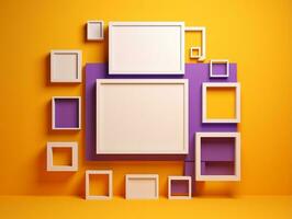 Set of blank white frames mockup displayed on a yellow wall AI Generative photo