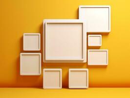 Set of blank white frames mockup displayed on a yellow wall AI Generative photo