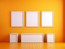 Set of blank white frames mockup displayed on a yellow wall AI Generative photo