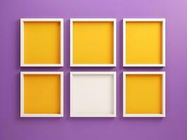 Set of blank white frames mockup displayed on a yellow wall AI Generative photo