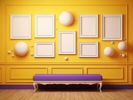 Set of blank white frames mockup displayed on a yellow wall AI Generative photo