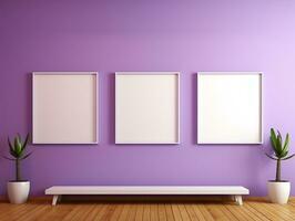 Set of blank white frames mockup displayed on a yellow wall AI Generative photo