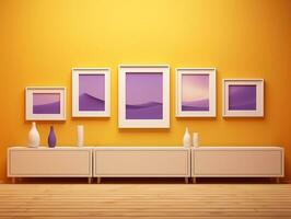 Set of blank white frames mockup displayed on a yellow wall AI Generative photo