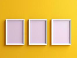 Set of blank white frames mockup displayed on a yellow wall AI Generative photo