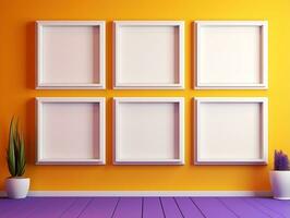 Set of blank white frames mockup displayed on a yellow wall AI Generative photo