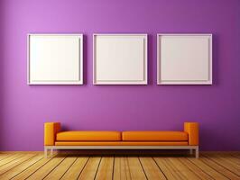 Set of blank white frames mockup displayed on a yellow wall AI Generative photo