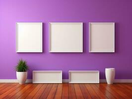 Set of blank white frames mockup displayed on a yellow wall AI Generative photo