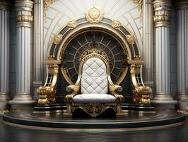 Ancient 3D golden throne on a white floor AI Generative photo