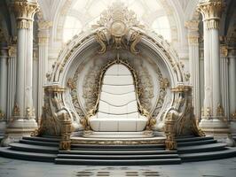 Ancient 3D golden throne on a white floor AI Generative photo