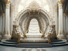 Ancient 3D golden throne on a white floor AI Generative photo