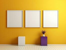 Set of blank white frames mockup displayed on a yellow wall AI Generative photo