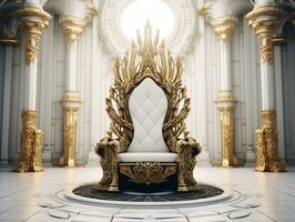 Ancient 3D golden throne on a white floor AI Generative photo