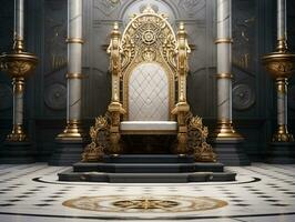 Ancient 3D golden throne on a white floor AI Generative photo